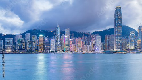 Photography Hong Kong city business building over Victory bay, night view