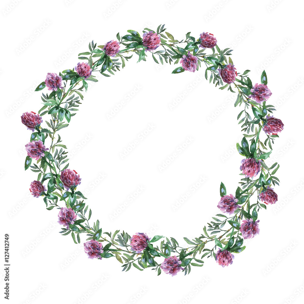 Wreath border frame with summer herbs, meadow flowers. Watercolor hand painting illustration on isolate white background. Wreath border frame with summer herbs, meadow flowers. Watercolor hand painting illustration on isolate white background.