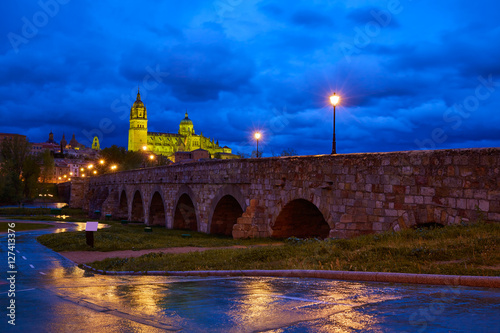 Salamanca sunset in roman bridge Tormes river