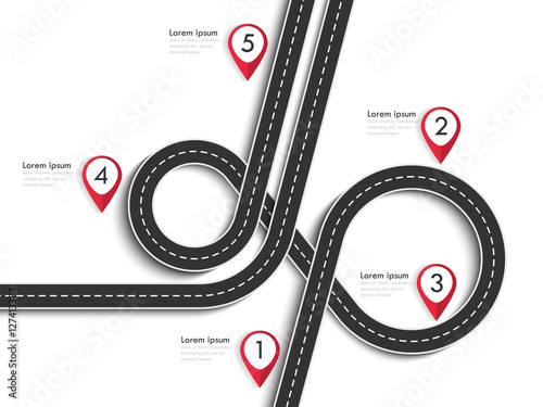 Road trip and Journey route. Winding Road on a White Isolated Background with pin pointer.Vector EPS 10
