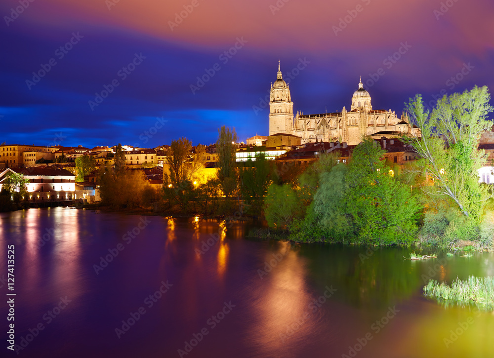 Salamanca skyline sunset in Tormes river Spain