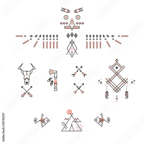 Set of american indian symbols. Stylized linear design. Vector totem, buffalo skull, tomahawk, wigwam, arrows and fishes