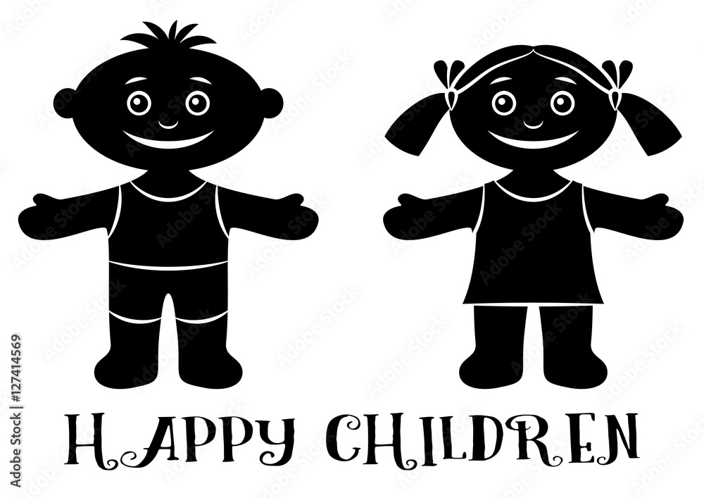 Cartoon People, Set of Happy Children, Funny Little Boy and Girl, Standing  with Arms Wide Open and Smiling, Black Silhouette Isolated on White  Background. Vector Stock Vector | Adobe Stock
