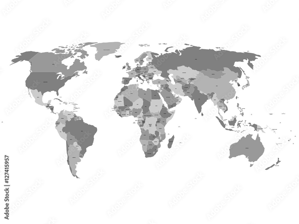 Vector world map with labels of sovereign countries and larger dependent territories. Every state is a group of objects in grey color without borders. South Sudan included.