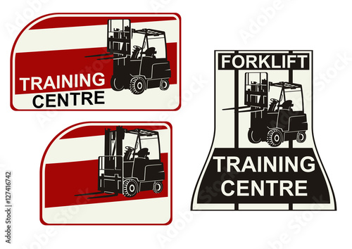 Set of forklift training center stickers. Flat vector.