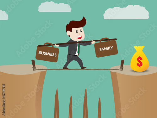 Businessman walks tightrope to make money, vector illustration