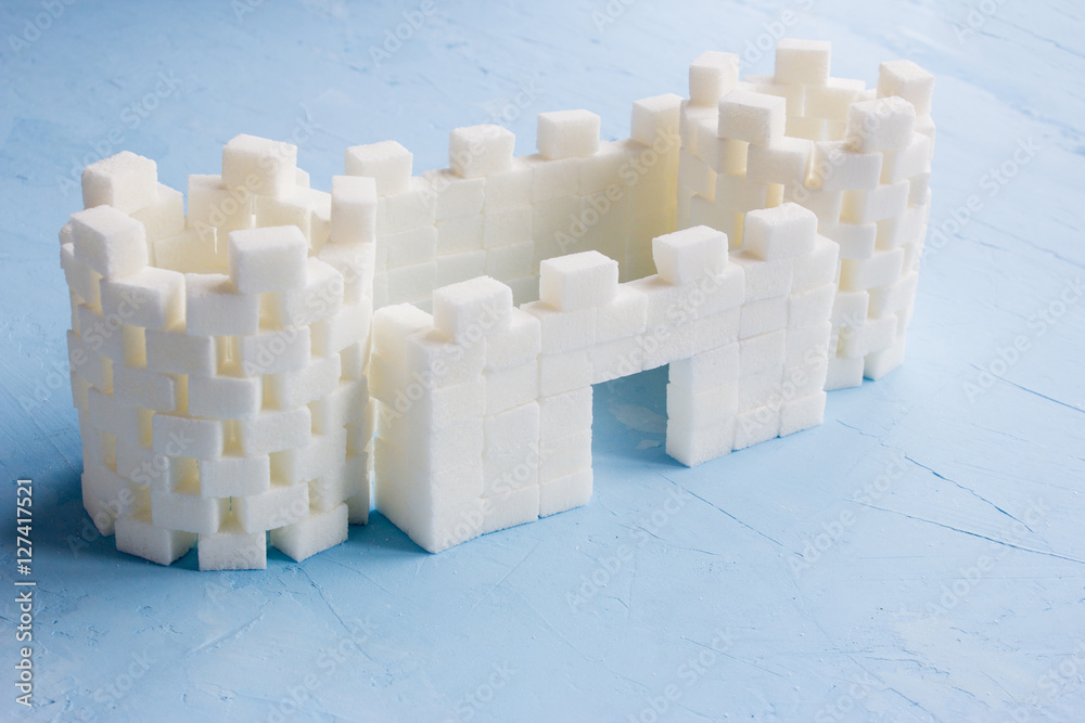 Sugar castle built out of sugar cubes, sugar tower, sugar walls, Stock