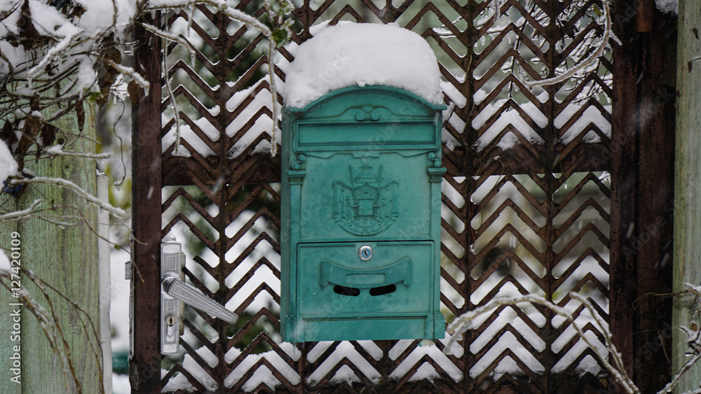 Mailbox, letter box, metal letter box, white snow