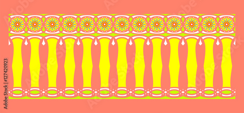 Elegant, spectacular and decorative border of Hindu and Arabic inspiration of various colors, yellow, white, light blue and black with strong orange background
