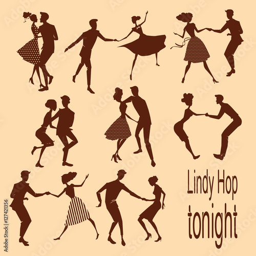 set of illustrations silhouettes dancing lindy hop couples in retro styles