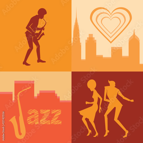 set of illustrations silhouettes dancing rock 'n' roll couple and musician in flat styles against the background of a big city