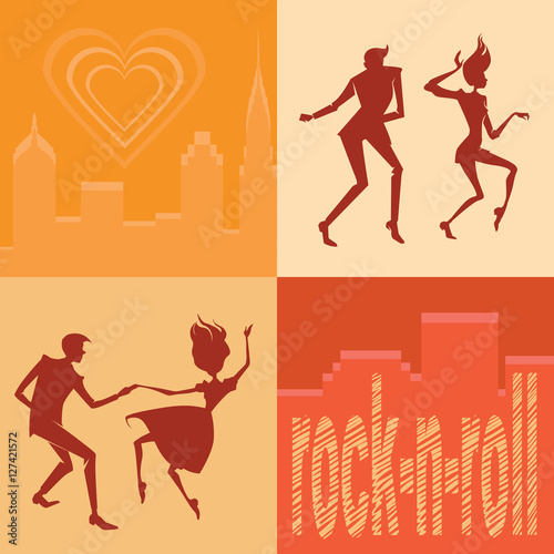 set of illustrations silhouettes dancing rock 'n' roll couples in flat styles against the background of a big city