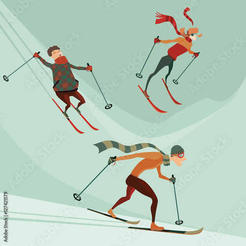 set of vector illustrations of people engaged in skiing