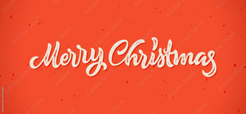 Merry Christmas calligraphic hand drawn lettering card with hipster vintage letterpress print style for winter xmas holidays