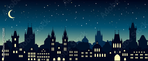 Cityscape in the european city at night. Silhouette of Prague. Vector illustration for website or banner. Travel background.