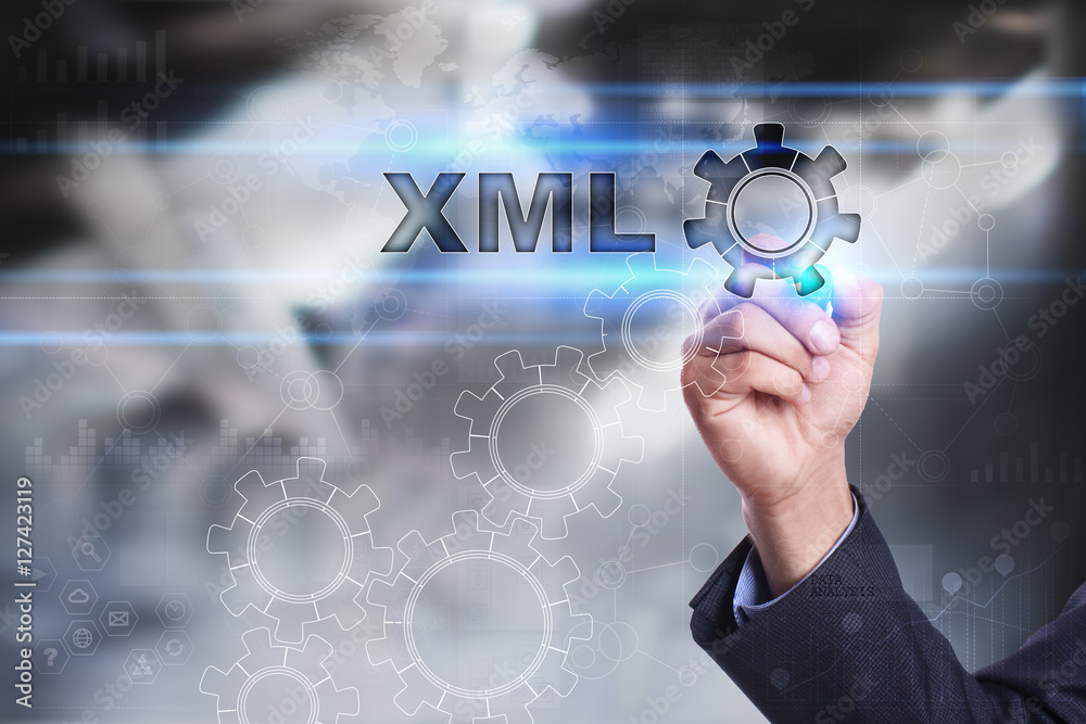 Businessman is drawing on virtual screen. xml concept Businessman is drawing on virtual screen. xml concept