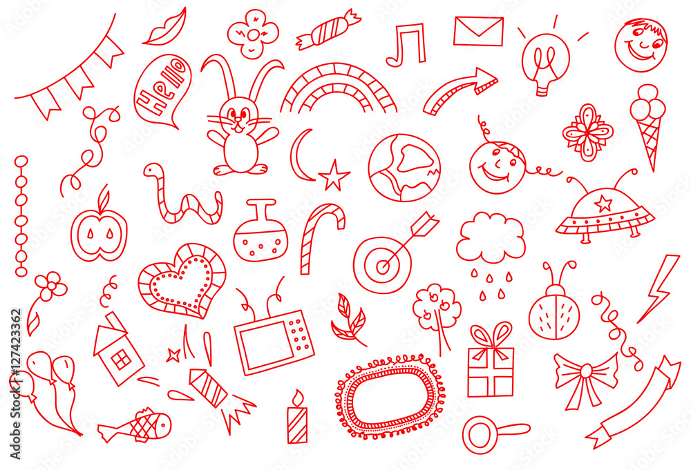 Universal set icons doodles hand drawn of love and fun, vector illustration Universal set icons doodles hand drawn of love and fun, vector illustration