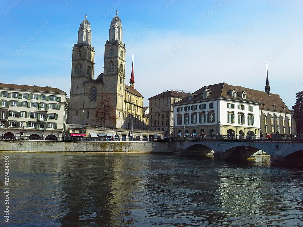 View of historic Zurich city center with famous Fraumunster Church, Limmat river and Zurich lake, Zurich, Switzerland