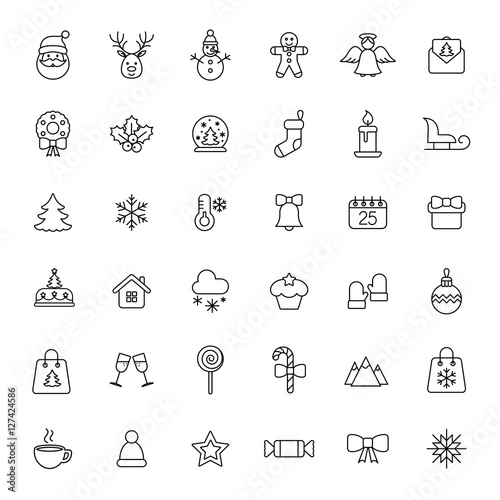 christmas xmas new year winter celebration decoration symbol vector outline thin line black on white background icons set