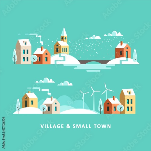 Village. Small town. Rural and urban winter landscape. Vector flat illustration.