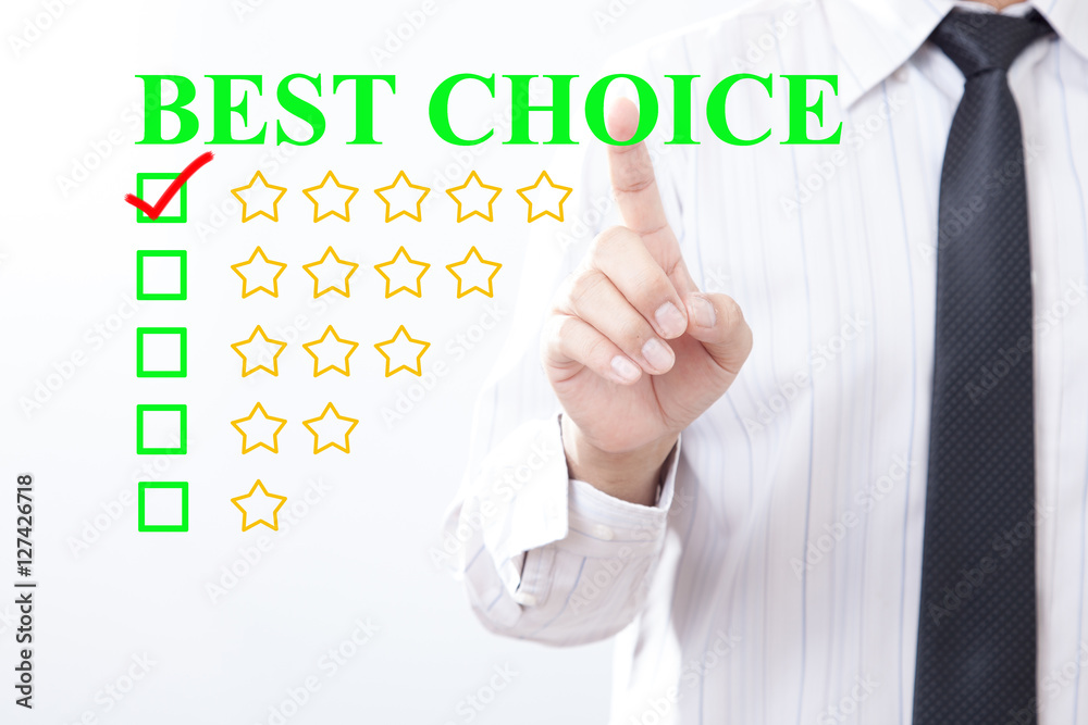Businessman click Best Choice - five golden stars Businessman click Best Choice - five golden stars