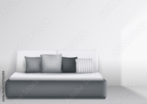 Modern interior with bed and pillows, bright room. Vector graphics