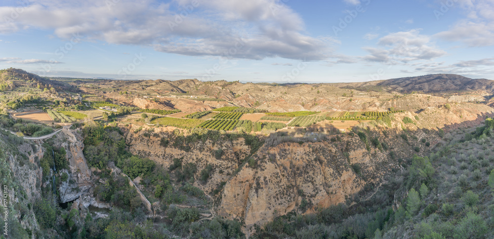 Waterfall panorama view from the town Chella Valencia Spain Canal de Navarres
