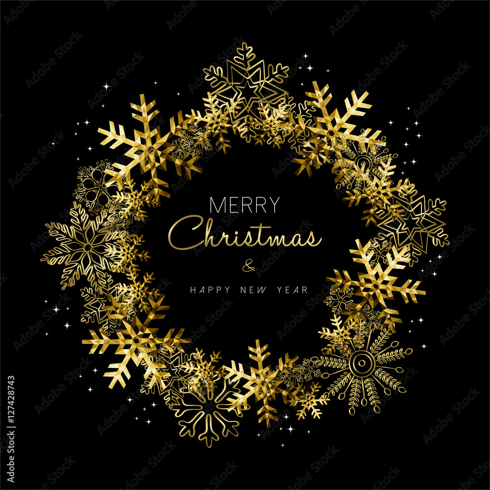 Merry Christmas and New Year gold snowflake wreath Stock Vector | Adobe ...