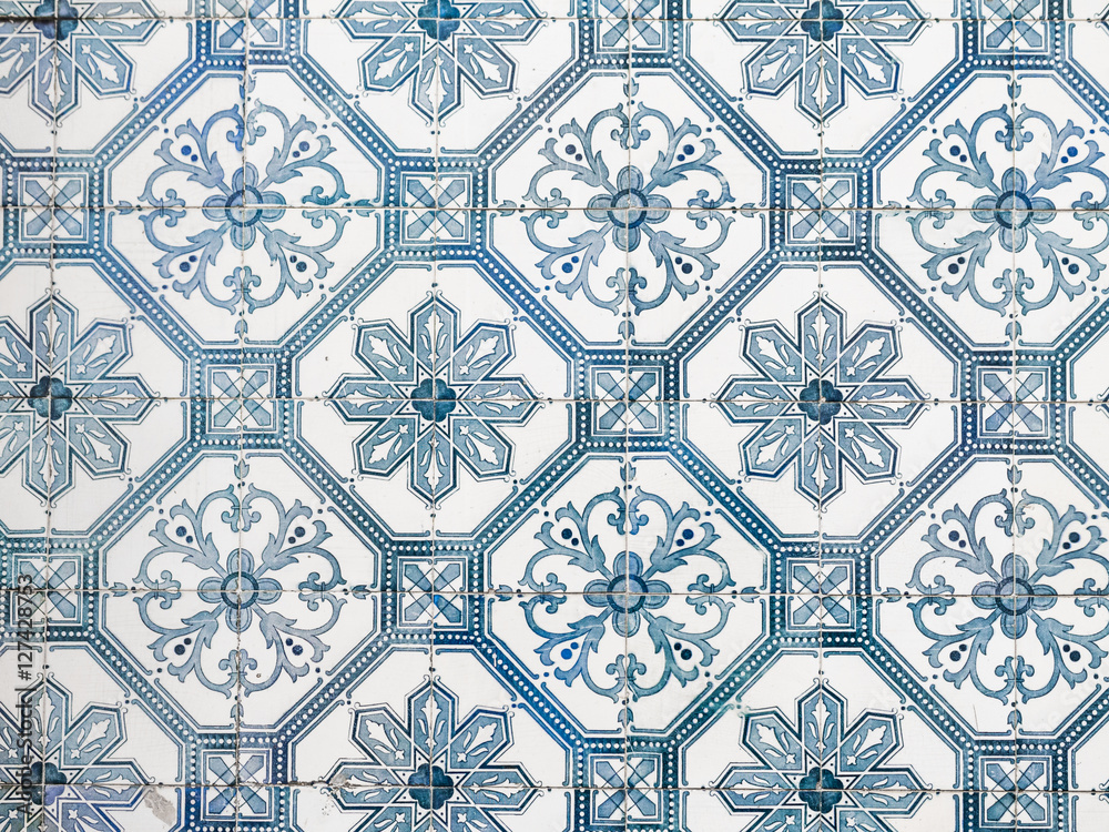 Blue azulejos, old tiles in the Old Town of Lisbon, Portugal.