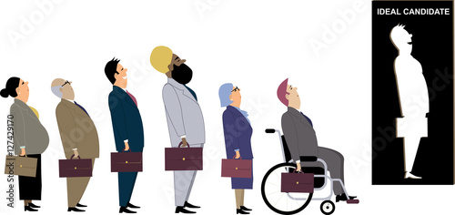 Line of diverse candidates for a job standing behind a cutout as a metaphor for a discrimination during an employment interview, EPS 8 vector illustration