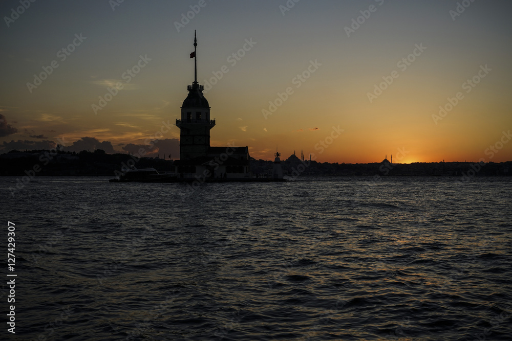 The Maiden's Tower during sunset in Istanbul, Turkey.