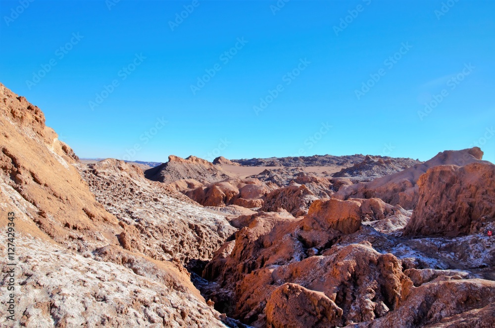 Panoramic view of the Moon Valley or Valle de la Luna close to San Pedro de Atacama in Chile, South America