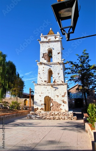 Bell tower and church in the village Toconao close to San Pedro de Atacama in the Atacama desert in Chile, South America