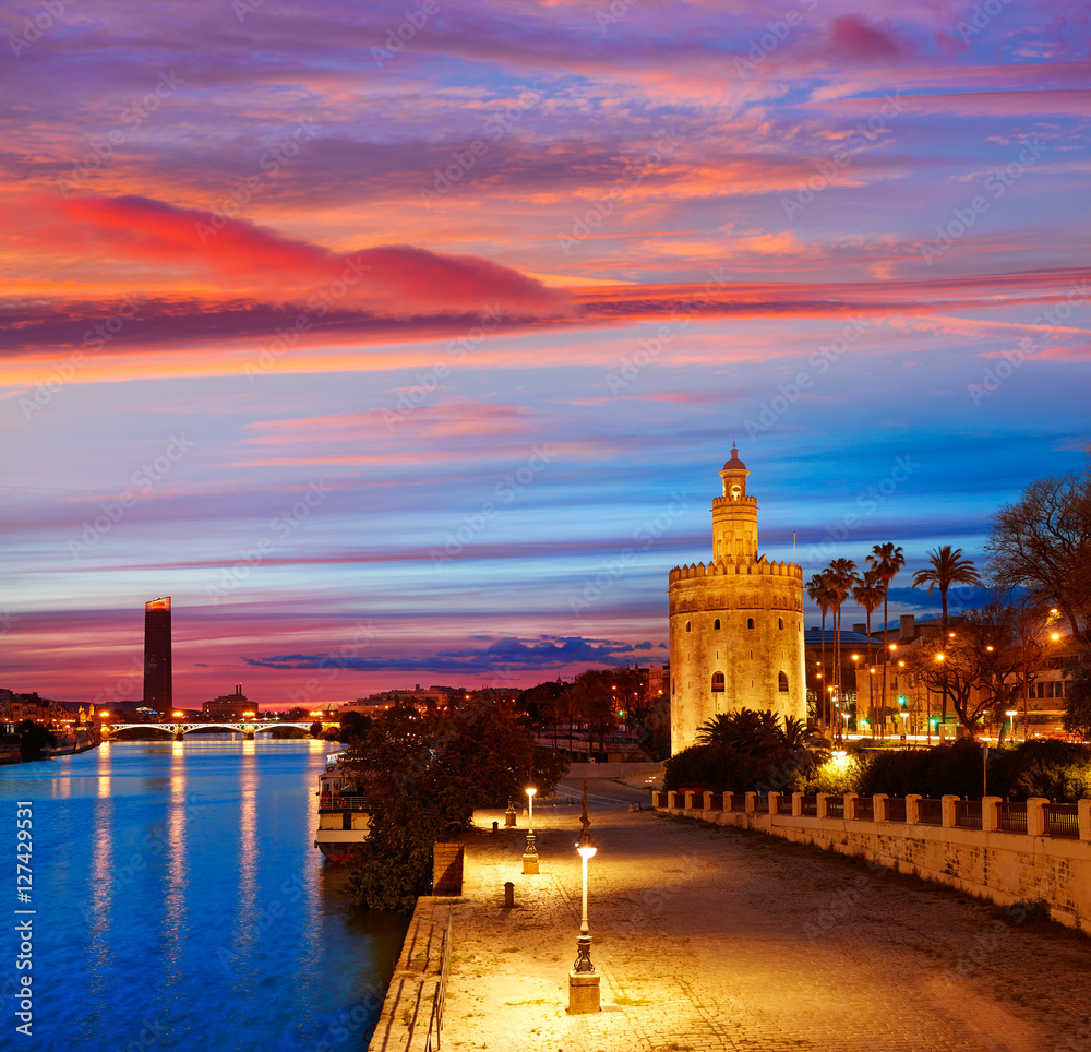 Seville sunset skyline torre del Oro in Sevilla