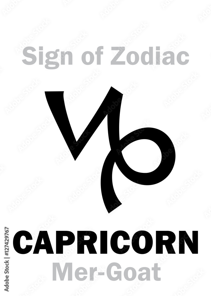 Astrology Alphabet: Sign of Zodiac CAPRICORN (The Mer-Goat). Hieroglyphics character sign (single symbol).