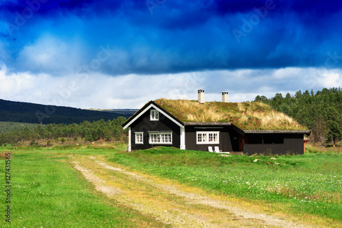 Classic Norway cottage landscape background © spacedrone808