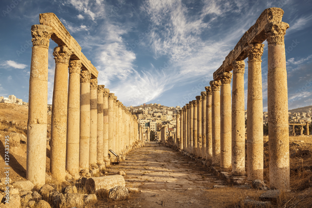 Fototapeta premium Columns of the cardo maximus, Ancient Roman city of Gerasa of Antiquity , modern Jerash, Jordan