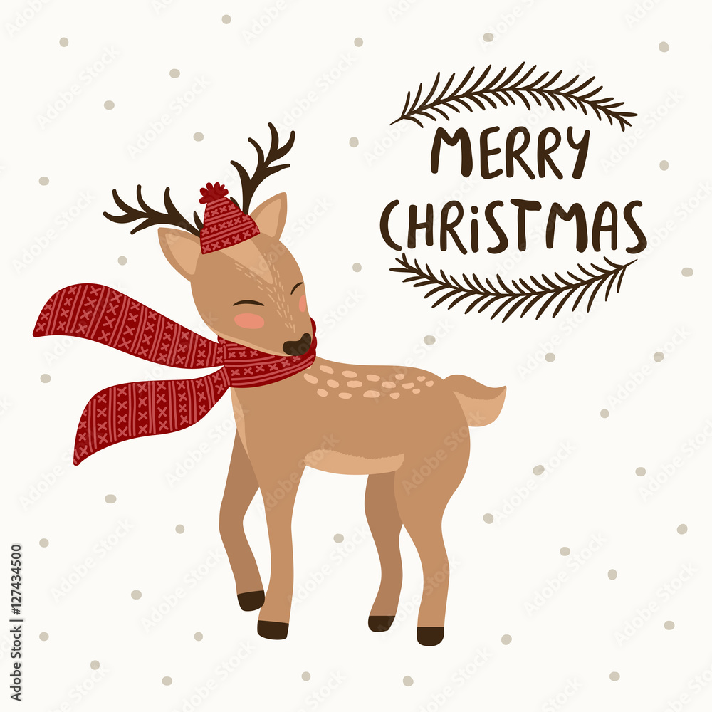 Fototapeta premium Little Deer in winter hat and scarf. Vector illustration useful for winter holidays and greeting cards.