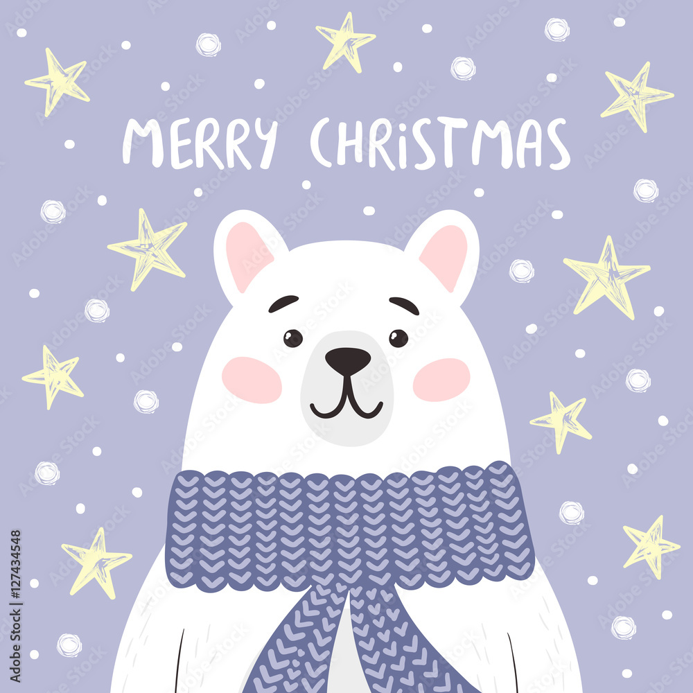 Funny bear on winter background with Merry Christmas lettering. Vector illustration.