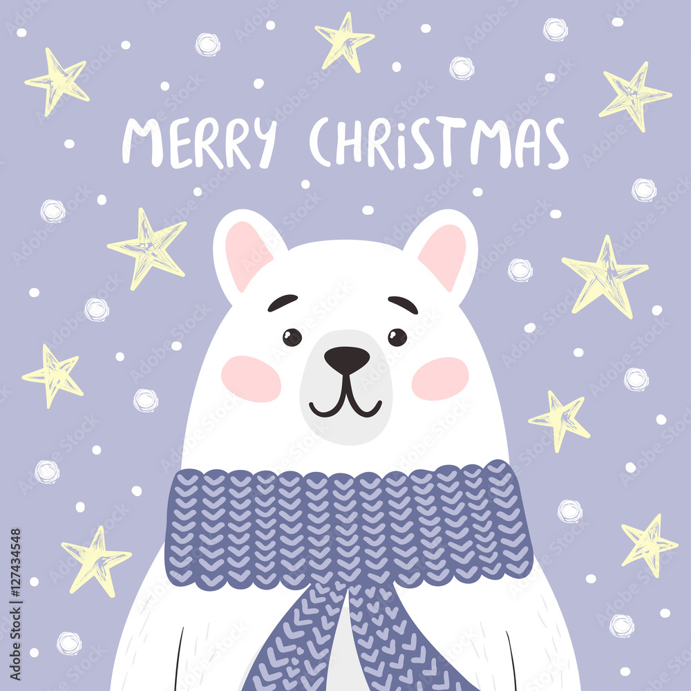 Fototapeta premium Funny bear on winter background with Merry Christmas lettering. Vector illustration.