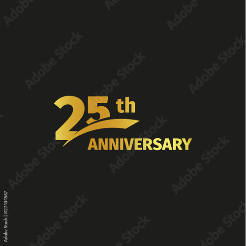 Isolated abstract golden 25th anniversary logo on black background. 25 number logotype. Twenty five years jubilee celebration icon. Birthday emblem. Vector illustration.