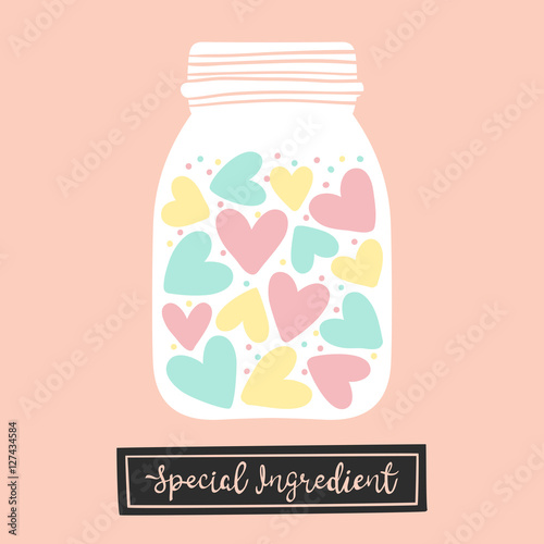 Hearts in a glass jar. Special ingredient for love. Vector illustration.