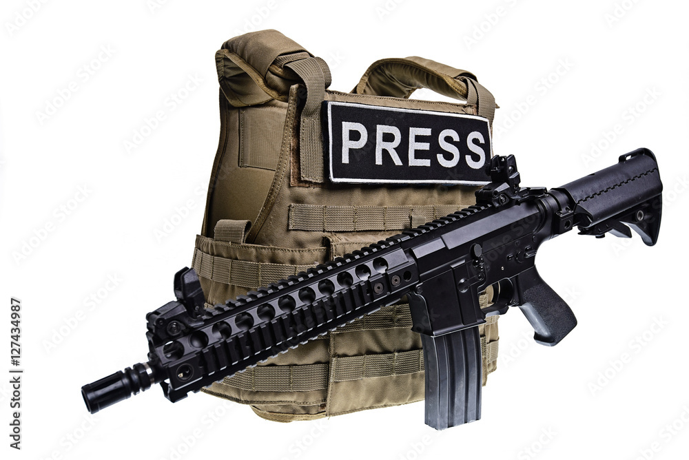 Body armor and assault rifle isolated/Bulletproof vest with patch
