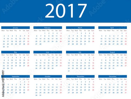 Calendario en inglés del 2017