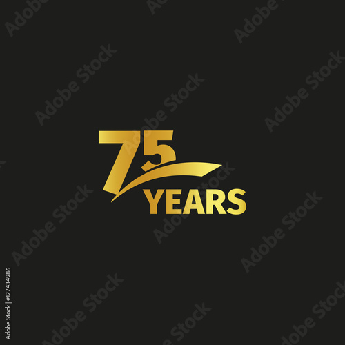 Isolated abstract golden 75th anniversary logo on black background. 75 number logotype. Seventy-five years jubilee celebration icon. Birthday emblem. Vector illustration.