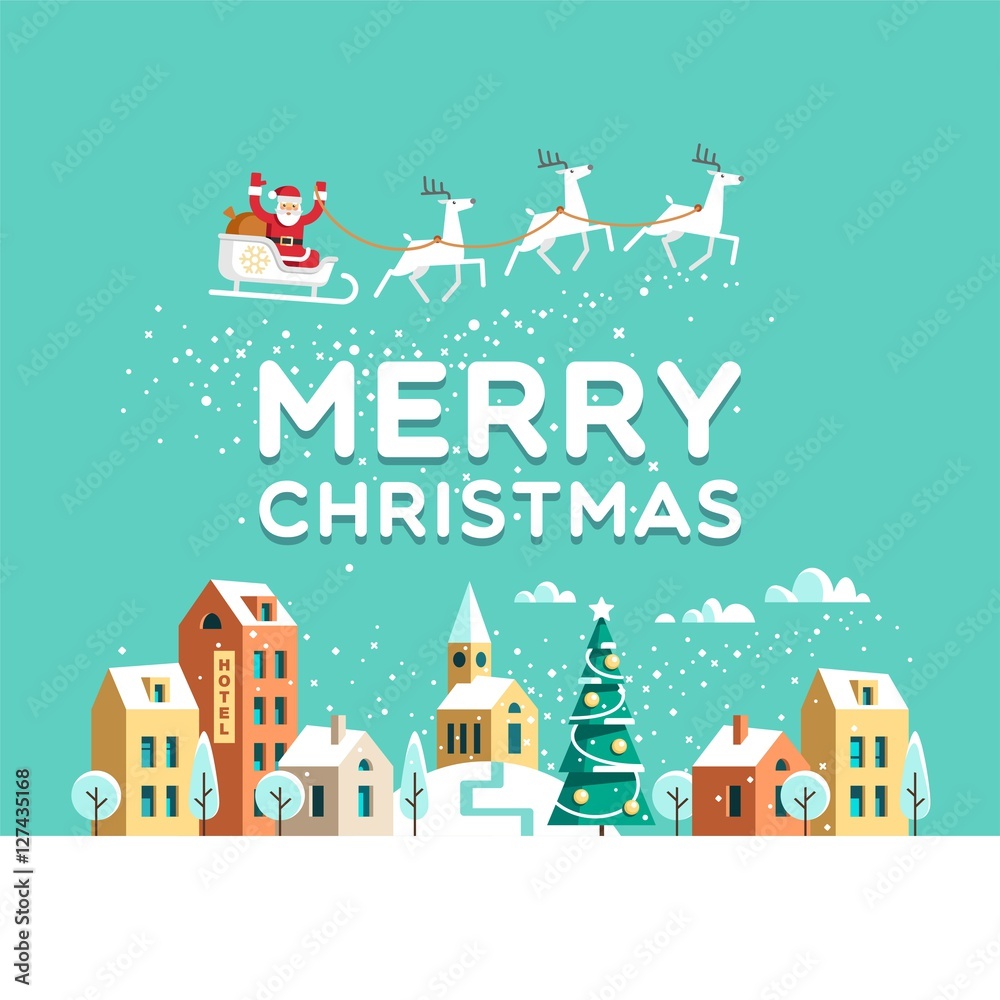 Snowy street. Urban winter landscape. Santa Claus with deers in sky above the town. Christmas city. Vector illustration.