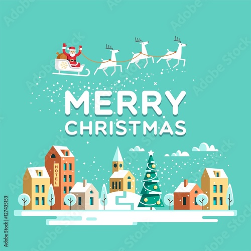 Santa Claus with deers in sky above the town. Christmas city. Vector illustration.
