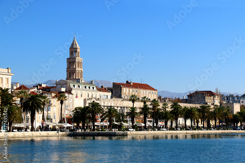 Waterfront in Split, Croatia with Saint Domnius bell tower. Split is popular touristic destination and UNESCO World Heritage Site.