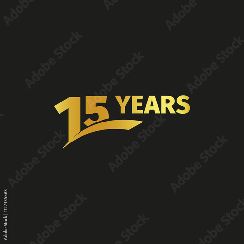 Isolated abstract golden 15th anniversary logo on black background. 15 number logotype. Fifteen years jubilee celebration icon. Fifteenth birthday emblem. Vector illustration.