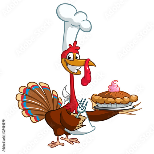 Thanksgiving turkey chief cook serving pumpkin pie. Vector cartoon